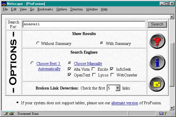 Screen shot of ProFusion, showing search query and selected 
options